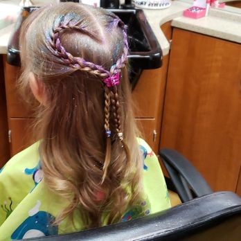 Little Stars Salon - A heart braid with glitter and bangs made for an excellent first haircut. - Hair Salons Near Me - Beaverton, Oregon Little Stars Salon - A heart braid with glitter and bangs made for an excellent first haircut. - Hair Salons Near Me - Beaverton, Oregon