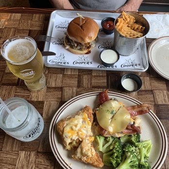 Cooper’s Tavern - Pee Dee pulled pork burger with fries Grilled Chicken with bacon & cheese, steamed broccoli & fried Mac & cheese! - Burgers Near Me - Little River, South Carolina