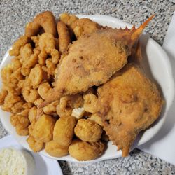 Deviled crabs, shrimp, scallops and hush puppies