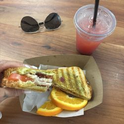 Village Café in Beaverton - Turkey bacon Pesto Panini and a berry refresher!