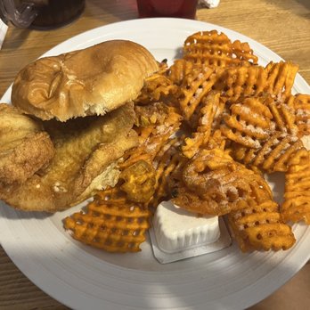 Lorraine's Snack Bar - Flounder sandwich with a side of sweet potato waffle fries instead of chips. - New American Near Me