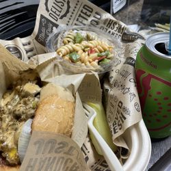 Tiger Lily - Vegan Pub sandwich and Italian pasta with watermelon probiotic soda.