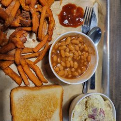 Mark's Feed Store - Potato salad, baked beans, and sweet potato fries. I didn't eat the toast this time.