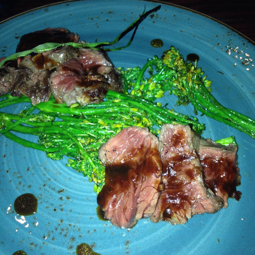 Table 9 - Hangar steak with broccoli. The steak was very tender, cooked perfectly and had great flavor. The broccoli was a little old. - New American Near Me - Morgantown, West Virginia Table 9 - Hangar steak with broccoli. The steak was very tender, cooked perfectly and had great flavor. The broccoli was a little old. - New American Near Me - Morgantown, West Virginia