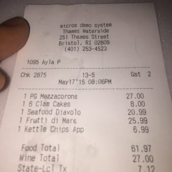 Thames Waterside Bar & Grill - Ayla was a great waitress. She was super efficient! Dinner for two , including a bottle of wine, 2 appetizers, and 2 entrees. - American Near Me - Bristol, Rhode Island Thames Waterside Bar & Grill - Ayla was a great waitress. She was super efficient! Dinner for two , including a bottle of wine, 2 appetizers, and 2 entrees. - American Near Me - Bristol, Rhode Island