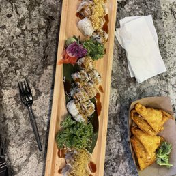 California roll, crunchy roll and crab rangoons.