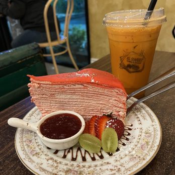 Is Sweet - Red velvet crepe cake and Thai iced tea. - Coffee & Tea Near Me - Las Vegas, Nevada Is Sweet - Red velvet crepe cake and Thai iced tea. - Coffee & Tea Near Me - Las Vegas, Nevada