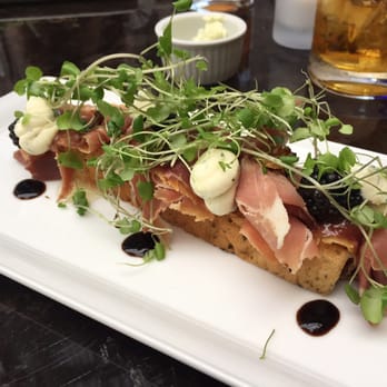 Azure Restaurant & Bar - Truffle honey fig and prosciutto tartine (blackberries subbed in for honey figs) - Canadian (New) Near Me - Toronto, Ontario