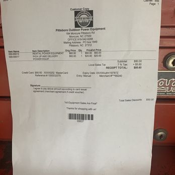 Pittsboro Outdoor Equipment - This is the cost , my receipt for 1/2 rental , delivered and picked up. Total cost . - Outdoor Power Equipment Services Near Me - Moncure, North Carolina