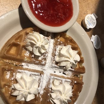 Gingham's Homestyle Restaurant - Belgium Waffle with strawberries - I requested them on the side. - American Near Me - Saint Charles, Missouri Gingham's Homestyle Restaurant - Belgium Waffle with strawberries - I requested them on the side. - American Near Me - Saint Charles, Missouri