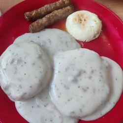 Waffles N More - Biscuits and gravy with sausages and poached egg