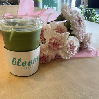 Project Bloom Coffee - Iced matcha latte and bouquet of flowers :) - Coffee & Tea Near Me - Los Angeles, California