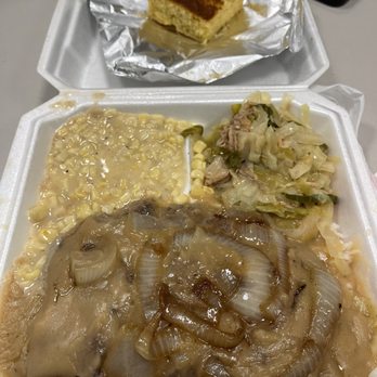 Oh Taste and See - Hamburger Steak over rice, cabbage and fried corn - Soul Food Near Me - Birmingham, Alabama Oh Taste and See - Hamburger Steak over rice, cabbage and fried corn - Soul Food Near Me - Birmingham, Alabama