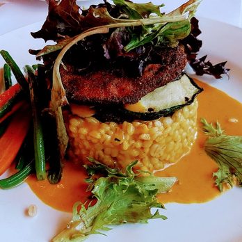 Lucien - Roasted eggplant on a bed of arborio rice, lightly flavored with curry, and par blanched veggies - EXCELLENT!! - French Near Me - New York, New York Lucien - Roasted eggplant on a bed of arborio rice, lightly flavored with curry, and par blanched veggies - EXCELLENT!! - French Near Me - New York, New York