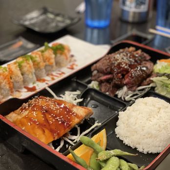 Wasabi Bistro - W.T.H. Roll (left), Dinner Bento - Salmon and Beef (right) - Japanese Near Me - Livermore, California Wasabi Bistro - W.T.H. Roll (left), Dinner Bento - Salmon and Beef (right) - Japanese Near Me - Livermore, California