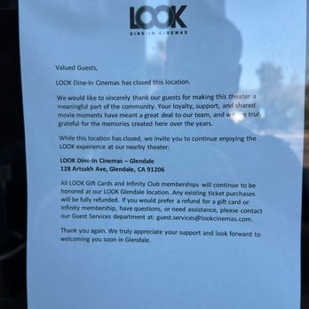 Look Dine-In Cinemas - Closure notice taped on the front door - Cinema Near Me - Redlands, California Look Dine-In Cinemas - Closure notice taped on the front door - Cinema Near Me - Redlands, California
