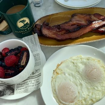 The Bench - Candied bacon, side of eggs, and berries bowl...low carb'ish picks ordered - New American Near Me - Pebble Beach, California The Bench - Candied bacon, side of eggs, and berries bowl...low carb'ish picks ordered - New American Near Me - Pebble Beach, California