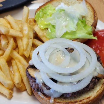 Ellenton Cafe - Mushroom & Swiss burger with onions. Crispy fries. - Comfort Food Near Me - Ellenton, Florida Ellenton Cafe - Mushroom & Swiss burger with onions. Crispy fries. - Comfort Food Near Me - Ellenton, Florida