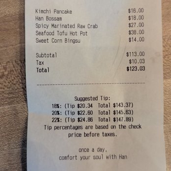 Her Name Is Han - Receipt. Price. Menu - Korean Near Me - New York, New York