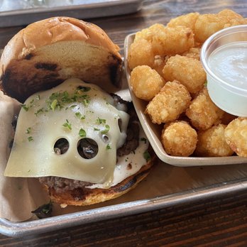 Burger Bench - Mushroom Swiss burger and tots - American Near Me - Escondido, California Burger Bench - Mushroom Swiss burger and tots - American Near Me - Escondido, California