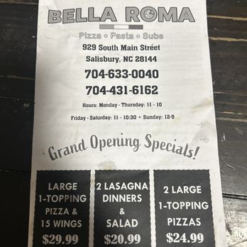 Bella Roma - Menu front - Pizza Near Me - Salisbury, North Carolina Bella Roma - Menu front - Pizza Near Me - Salisbury, North Carolina