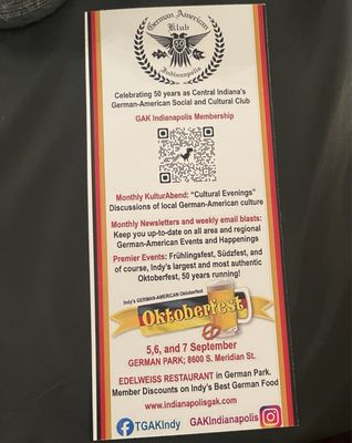 Menu photo 1 The German American Klub Indianapolis, IN Menu photo 1 The German American Klub Indianapolis, IN