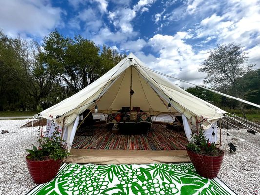 16' Bell Tent with queen sized memory foam mattress - Comfy Camping offers fully-furnished luxury bell tent rentals in Alafia River State Park for an ultimate glamping experience.  Starting at $99/night