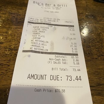 Bigs - You will be offered two totals: a non cash and cash price. - Sports Bars Near Me - Fullerton, California