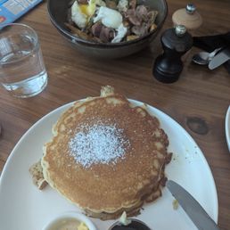 Duck confit (top) and buttermilk pancakes (bottom)