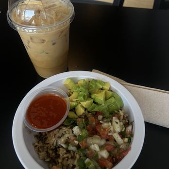 Skimos Coffee Shop - Quinoa bowl (side of buffalo sauce lol) and an horchata latte with oat milk - Coffee & Tea Near Me - Henderson, Nevada