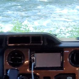 The river view from the cab of our motorhome.