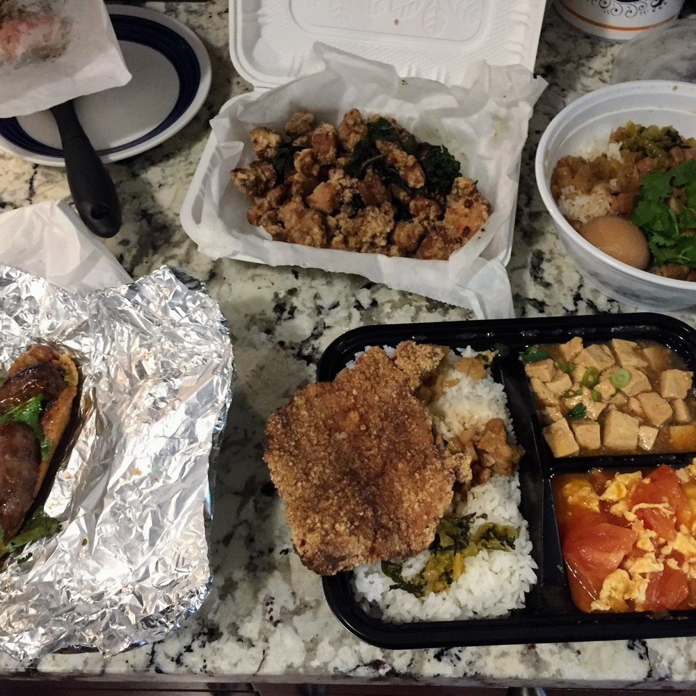 Amore Eats - The whole spread - popcorn chicken, braised pork rice, pork chop bento, and sausage w/sticky rice - Taiwanese Near Me - Rockville, Maryland