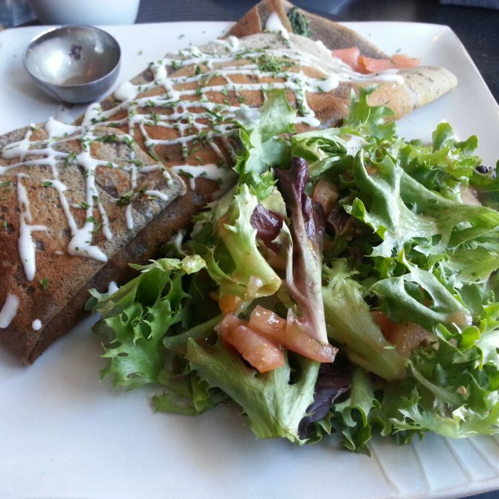 Cafe Paris - Galette with smoked salmon, greens salad, olives, sour cream, - Creperies Near Me - Metuchen, New Jersey Cafe Paris - Galette with smoked salmon, greens salad, olives, sour cream, - Creperies Near Me - Metuchen, New Jersey