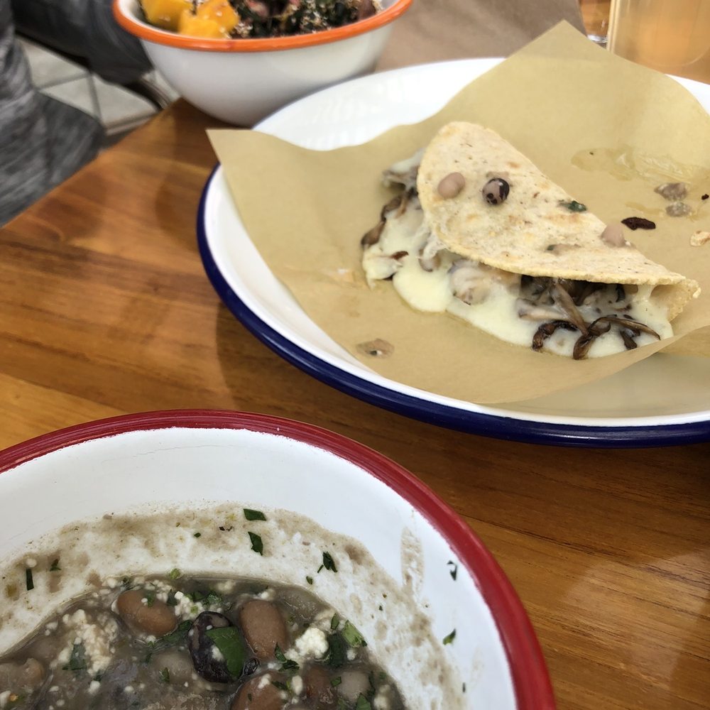 Mas Masa - Heirloom beans (front), mushroom quesadilla (middle) and salad (back). - Mexican Near Me - Fairfax, California Mas Masa - Heirloom beans (front), mushroom quesadilla (middle) and salad (back). - Mexican Near Me - Fairfax, California