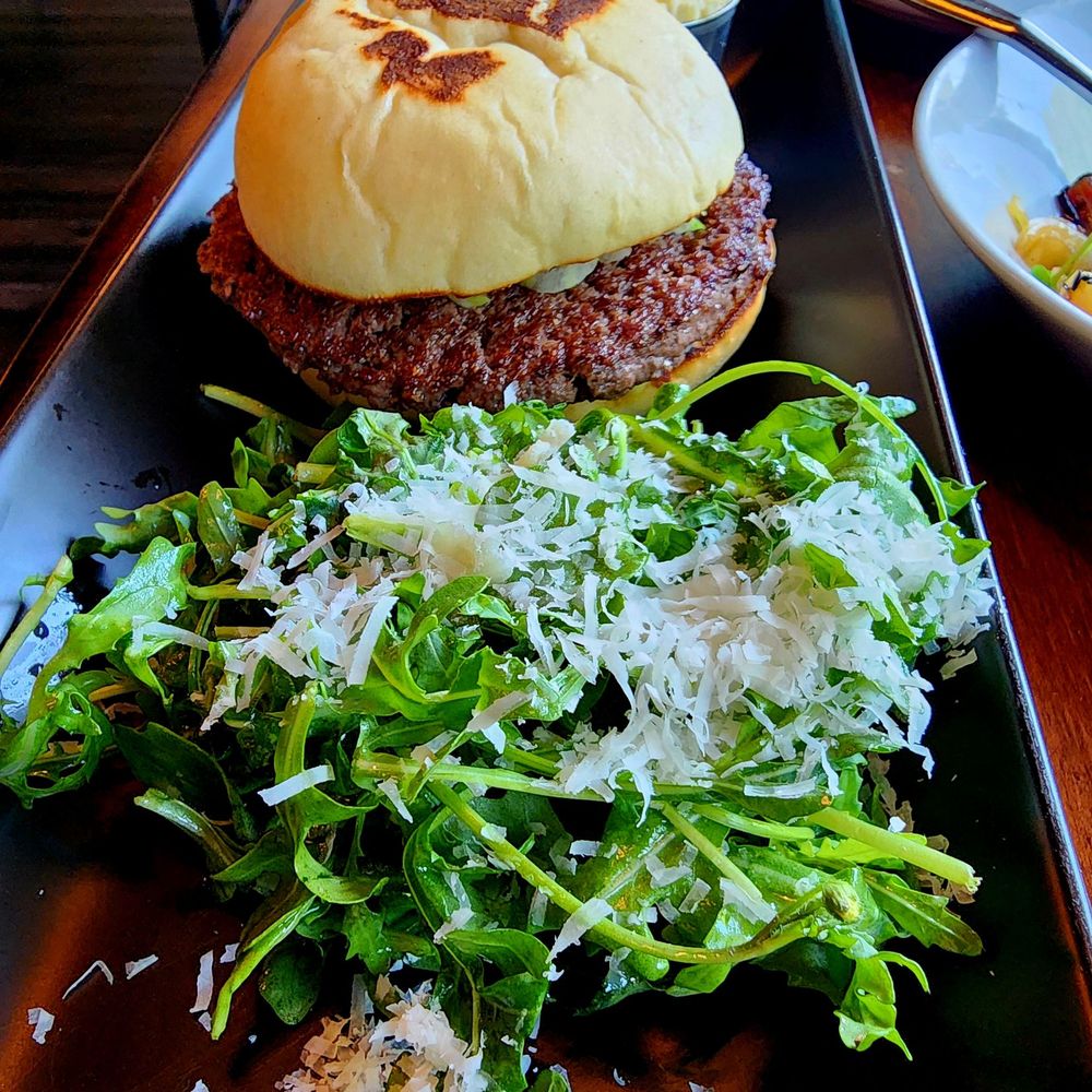 Wine & Growl - Burger. Fresh, soft bread. Meat: medium. Arugula salad. - Tapas/Small Plates Near Me - Portland, Oregon Wine & Growl - Burger. Fresh, soft bread. Meat: medium. Arugula salad. - Tapas/Small Plates Near Me - Portland, Oregon