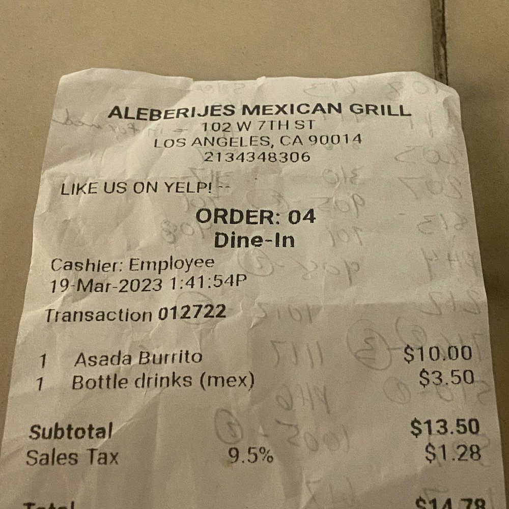 The prices for a burrito and soda. Just the soda is outdated, in the menu says $3. The prices for a burrito and soda. Just the soda is outdated, in the menu says $3.