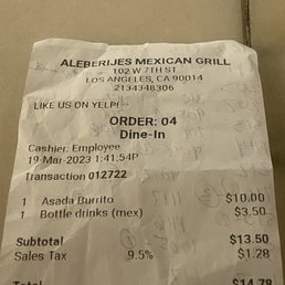 The prices for a burrito and soda. Just the soda is outdated, in the menu says $3. The prices for a burrito and soda. Just the soda is outdated, in the menu says $3.