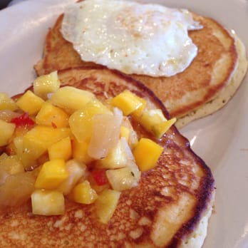 Nan's Cafe - Here we have one of the weekend's special...mango-pineapple chutney over cornbread pancakes & one egg! - Breakfast & Brunch Near Me - North Reading, Massachusetts