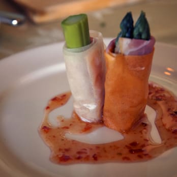 The Vine Fine Dining - soy paper, prosciutto, garlic cheese, asparagus with honey-chili sauce - Seafood Near Me - Touchet, Washington The Vine Fine Dining - soy paper, prosciutto, garlic cheese, asparagus with honey-chili sauce - Seafood Near Me - Touchet, Washington