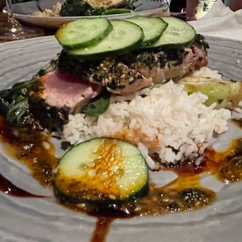 Duke's Malibu - FURIKAKE AHI STEAK* sashimi grade ahi, chili oil, truffle unagi glaze, shiitake, bok choy, jasmine rice, cucumber namasu - New American Near Me - Malibu, California Duke's Malibu - FURIKAKE AHI STEAK* sashimi grade ahi, chili oil, truffle unagi glaze, shiitake, bok choy, jasmine rice, cucumber namasu - New American Near Me - Malibu, California