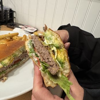 Eggsquisite Cafe - Cali burger, THICK beef patty. So delicious. She could only eat half. - Breakfast & Brunch Near Me - Fort Worth, Texas