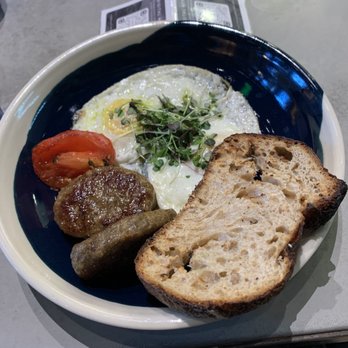 Five5eeds - Two eggs, over medium and sausage with toast - Coffee & Tea Near Me - Park City, Utah