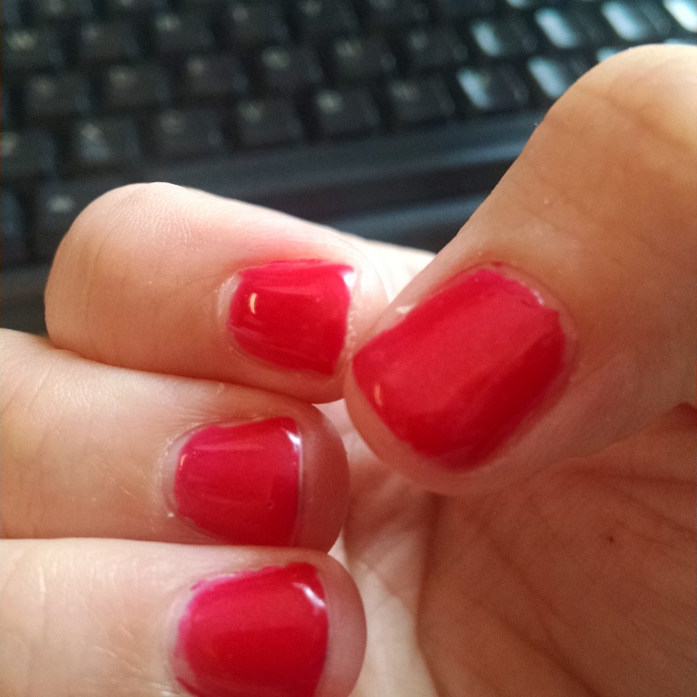 This is one day after manicure (you can still see the nail polish on my skin). It looks like a toddler's job.