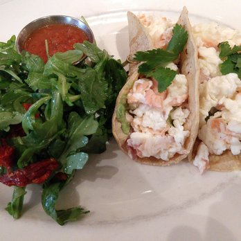 Stella San Jac - Salmon and egg taco with arugula salad - New American Near Me - Austin, Texas Stella San Jac - Salmon and egg taco with arugula salad - New American Near Me - Austin, Texas