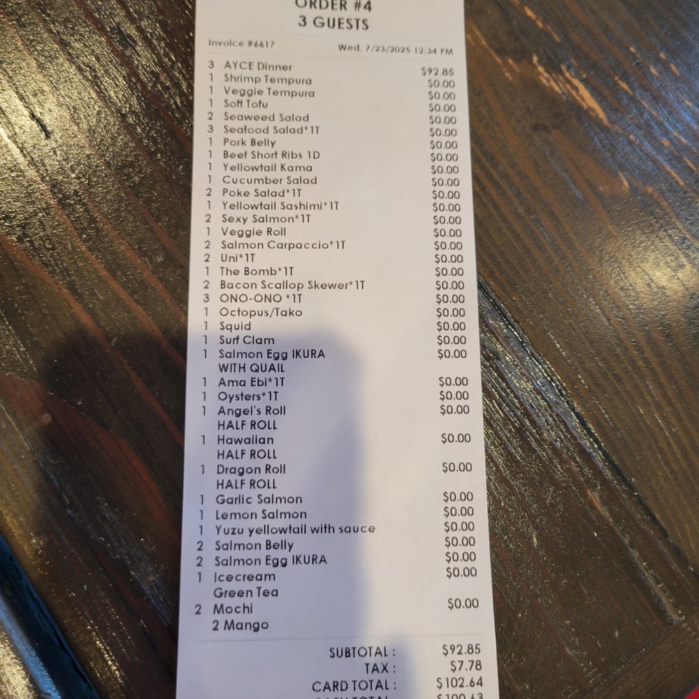 Ono Sushi - Itemization of our bill. - Japanese Near Me - Las Vegas, Nevada Ono Sushi - Itemization of our bill. - Japanese Near Me - Las Vegas, Nevada