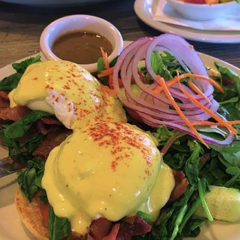 Max's Table - Florentine eggs Benedict w/ a side salad (meat omelette in the back) - Breakfast & Brunch Near Me - Osprey, Florida