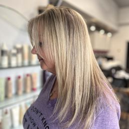 Blonde highlights and cut. Blonde highlights and cut.