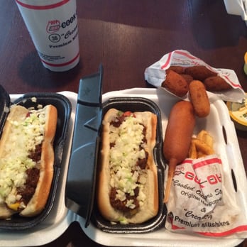 Cook Out - 2 cookout style dogs, corn dog, hush puppies, and fries. - Burgers Near Me - Raleigh, North Carolina