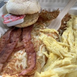 Two-egger with bacon and English muffin.