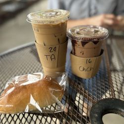 Crema Coffee & Bakery - Toasted almond latte and cherry mocha.